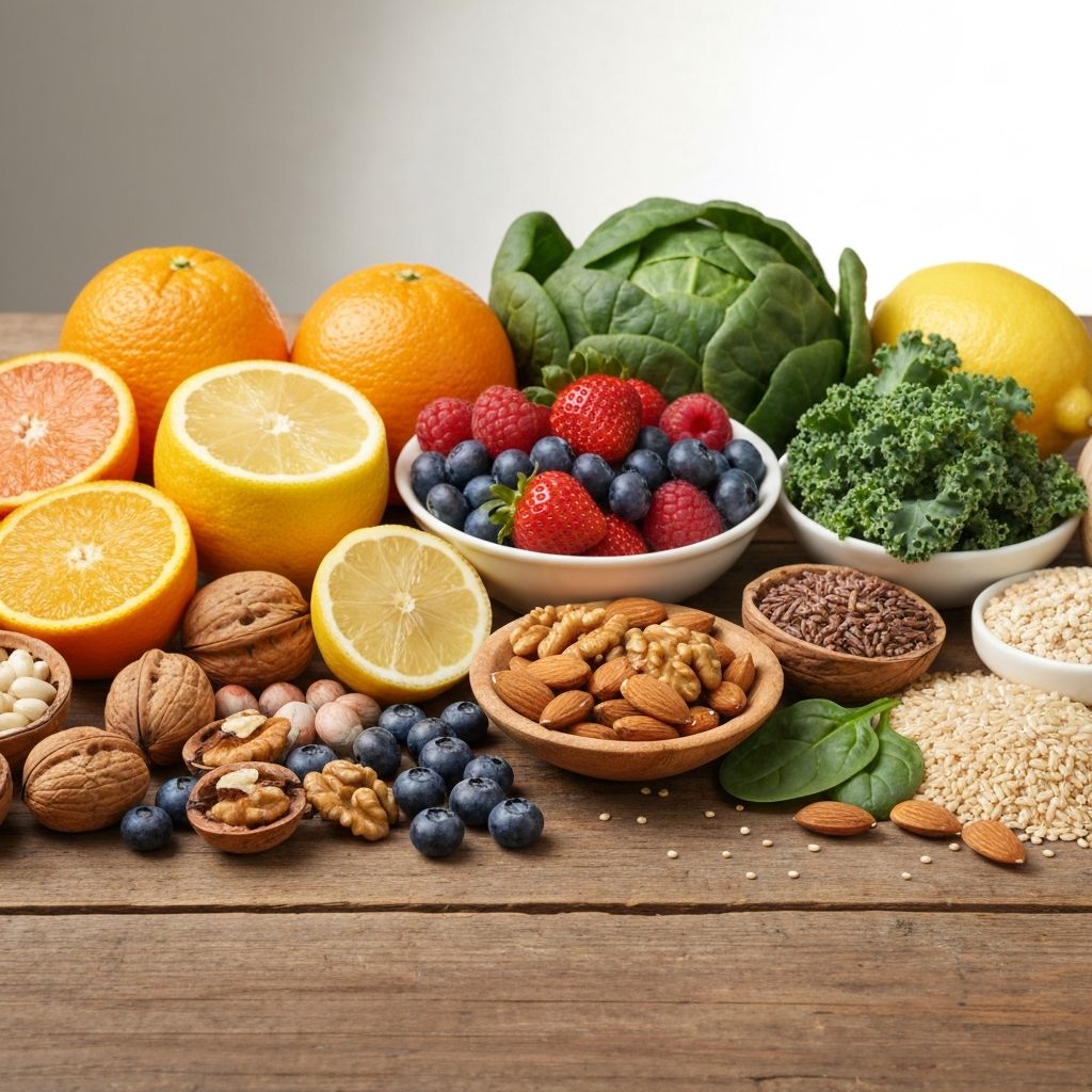 Ilustracja przedstawiająca różne naturalne źródła witamin